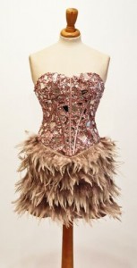 Burlesque style dusty pink feather mini dress with jeweled bodice