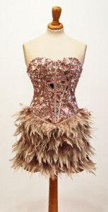Burlesque style dusty pink feather mini dress with jeweled bodice