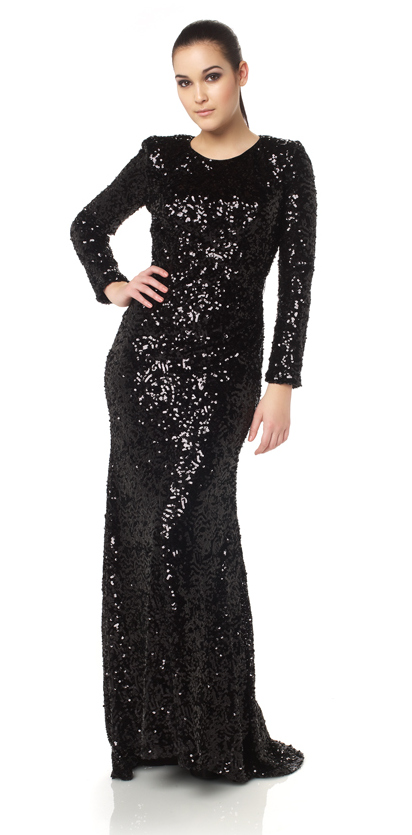 Long sleeved black full length sequin dress