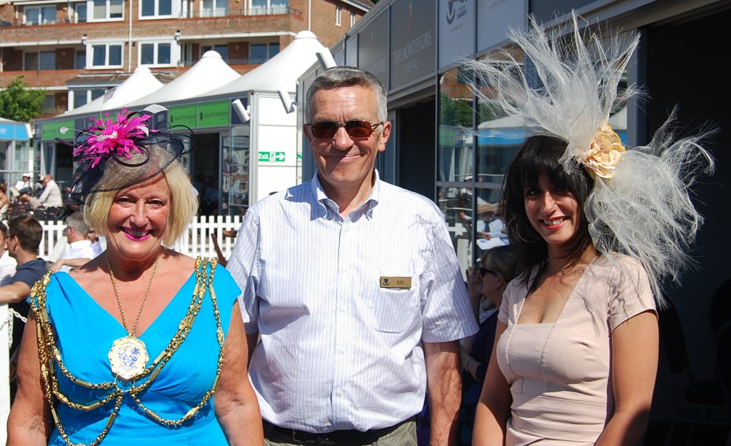 The judging panel for best hat - left to right, Denise Cobb, Mayor of Brighton and Jim May, Chairman of SCCC, Leah, Walk in Waradrobe